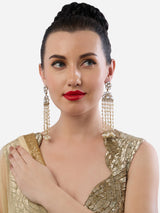 Women's Gold Tone Kundan Embellished Beaded Chain Fringe Long Drop Earring-ZPFK19049