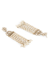 Women's Gold Tone Kundan Embellished Beaded Chain Fringe Long Drop Earring-ZPFK19049