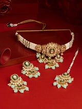 Women's Green Beads Kundan Meenakari Multistrand Choker Necklace Earring & Maangtikka Set-ZPFK19074