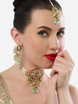 Women's Green Beads Kundan Meenakari Multistrand Choker Necklace Earring & Maangtikka Set-ZPFK19074
