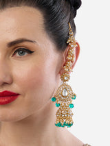 Women's Peacock Green Beads Dazzling Kundan Statement Jhumka Earring With Ear Chain-ZPFK19076