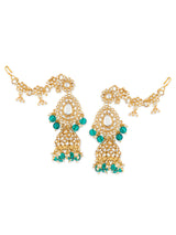 Women's Peacock Green Beads Dazzling Kundan Statement Jhumka Earring With Ear Chain-ZPFK19076