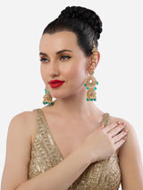 Women's Peacock Green Beads Dazzling Kundan Statement Jhumka Earring With Ear Chain-ZPFK19076