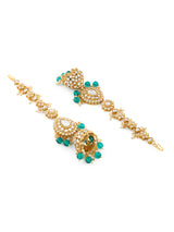 Women's Peacock Green Beads Dazzling Kundan Statement Jhumka Earring With Ear Chain-ZPFK19076