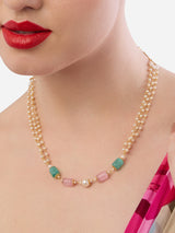 Women's Pink Green Beads and Pearls Multistrand Fusion Wear Necklace