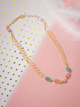 Women's Pink Green Beads and Pearls Multistrand Fusion Wear Necklace