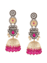 Women's Rani Pink Stones Beads Embellished Two Tone Antique Statement Jhumka Earring-ZPFK19081