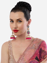 Women's Rani Pink Stones Beads Embellished Two Tone Antique Statement Jhumka Earring-ZPFK19081