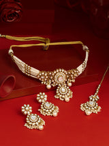 Women's Gold Tone Dazzling Kundan Multistrand Pearls Choker Necklace Earring and Maangtikka Set