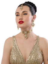 Women's Gold Tone Dazzling Kundan Multistrand Pearls Choker Necklace Earring and Maangtikka Set