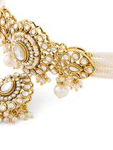 Women's Gold Tone Dazzling Kundan Multistrand Pearls Choker Necklace Earring and Maangtikka Set