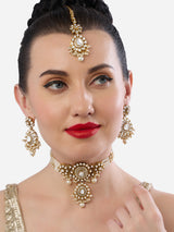 Women's Gold Tone Dazzling Kundan Multistrand Pearls Choker Necklace Earring and Maangtikka Set