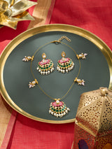 Women's Green Pink Meenakari Lotus Design Kundan Embellished Necklace and Earring Set