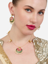Women's Green Pink Meenakari Lotus Design Kundan Embellished Necklace and Earring Set