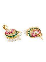 Women's Green Pink Meenakari Lotus Design Kundan Embellished Necklace and Earring Set
