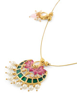 Women's Green Pink Meenakari Lotus Design Kundan Embellished Necklace and Earring Set