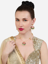 Women's Green Pink Meenakari Lotus Design Kundan Embellished Necklace and Earring Set