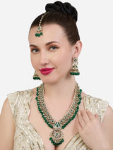 Women's Green Beads Antique Kundan Meenakari Bridal Necklace Earring & Maangtikka Set-ZPFK19187