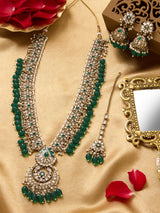 Women's Green Beads Antique Kundan Meenakari Bridal Necklace Earring & Maangtikka Set-ZPFK19187