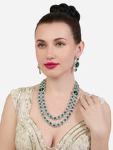 Women's Green Stones Dazzling Austrian Diamonds Embellished Layered Necklace & Earring Set-ZPFK21158