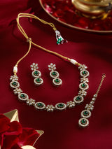 Women's Green Stones Austrian Diamonds Antique Plated Sleek Necklace Earring & Maangtikka Set-ZPFK21277
