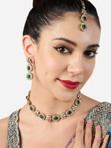 Women's Green Stones Austrian Diamonds Antique Plated Sleek Necklace Earring & Maangtikka Set-ZPFK21277