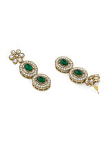 Women's Green Stones Austrian Diamonds Antique Plated Sleek Necklace Earring & Maangtikka Set-ZPFK21277