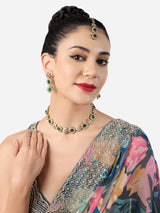 Women's Green Stones Austrian Diamonds Antique Plated Sleek Necklace Earring & Maangtikka Set-ZPFK21277