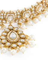 Women's Gold Tone Dazzling Stones & Pearls Drop Choker Necklace Earring & Maangtikka Set-ZPFK21284