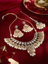 Women's Green Meenakari Kundan Bridal Necklace Earring & Maangtikka Set-ZPFK21285