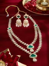 Women's Green Dazzling Stones Layered Traditional Necklace & Earring Set-ZPFK21297