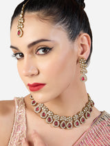 Women's Pink Stones Antique Plated Traditional Kundan Necklace Earring & Maangtikka Set-ZPFK21298
