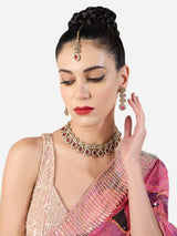 Women's Pink Stones Antique Plated Traditional Kundan Necklace Earring & Maangtikka Set-ZPFK21298