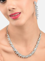 Women's Silver Tone Dazzling Austrian Diamonds Contemporary Necklace and Earring Set