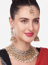 Women's Gold Tone Kundan and Pearls Bridal Choker Necklace Earring Maangtikka Set