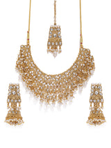 Women's Gold Tone Kundan and Pearls Bridal Choker Necklace Earring Maangtikka Set