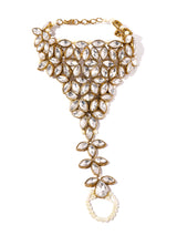 Women's Antique Gold Tone Traditional Kundan & Pearls Ring Bracelet-ZPFK8513