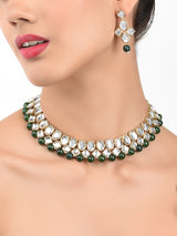 Women's Gold Tone Kundan and Green Beads Traditional Necklace Set