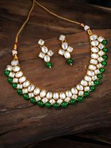 Women's Gold Tone Kundan and Green Beads Traditional Necklace Set