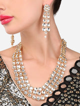 Women's Gold Tone Traditional Kundan Layered Necklace and Earring Set