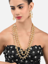 Women's Multi Layered Long Kundan & Dangling Pearls Ethnic Necklace & Earring Set-ZPFK8725