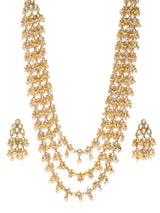 Women's Multi Layered Long Kundan & Dangling Pearls Ethnic Necklace & Earring Set-ZPFK8725