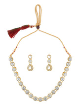 Women's Gold Tone Ethnic Choker Stones Studded Necklace and Earring Set