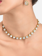 Women's Gold Tone Ethnic Choker Stones Studded Necklace and Earring Set