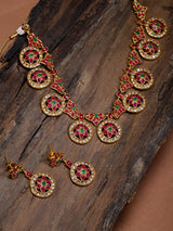 Women's Pink Green Stones Embellished Floral South Indian Style Necklace & Earring Set-ZPFK8982