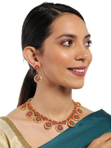 Women's Pink Green Stones Embellished Floral South Indian Style Necklace & Earring Set-ZPFK8982