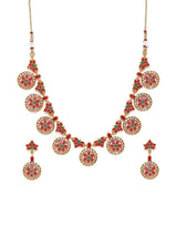 Women's Pink Green Stones Embellished Floral South Indian Style Necklace & Earring Set-ZPFK8982