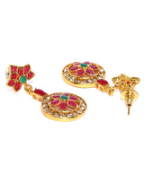 Women's Pink Green Stones Embellished Floral South Indian Style Necklace & Earring Set-ZPFK8982