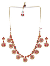 Women's Pink Green Stones Embellished Floral South Indian Style Necklace & Earring Set-ZPFK8982