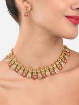 Women's Dazzling Pink Green Stones Embellished Floral Design Necklace & Earring Set-ZPFK8991
